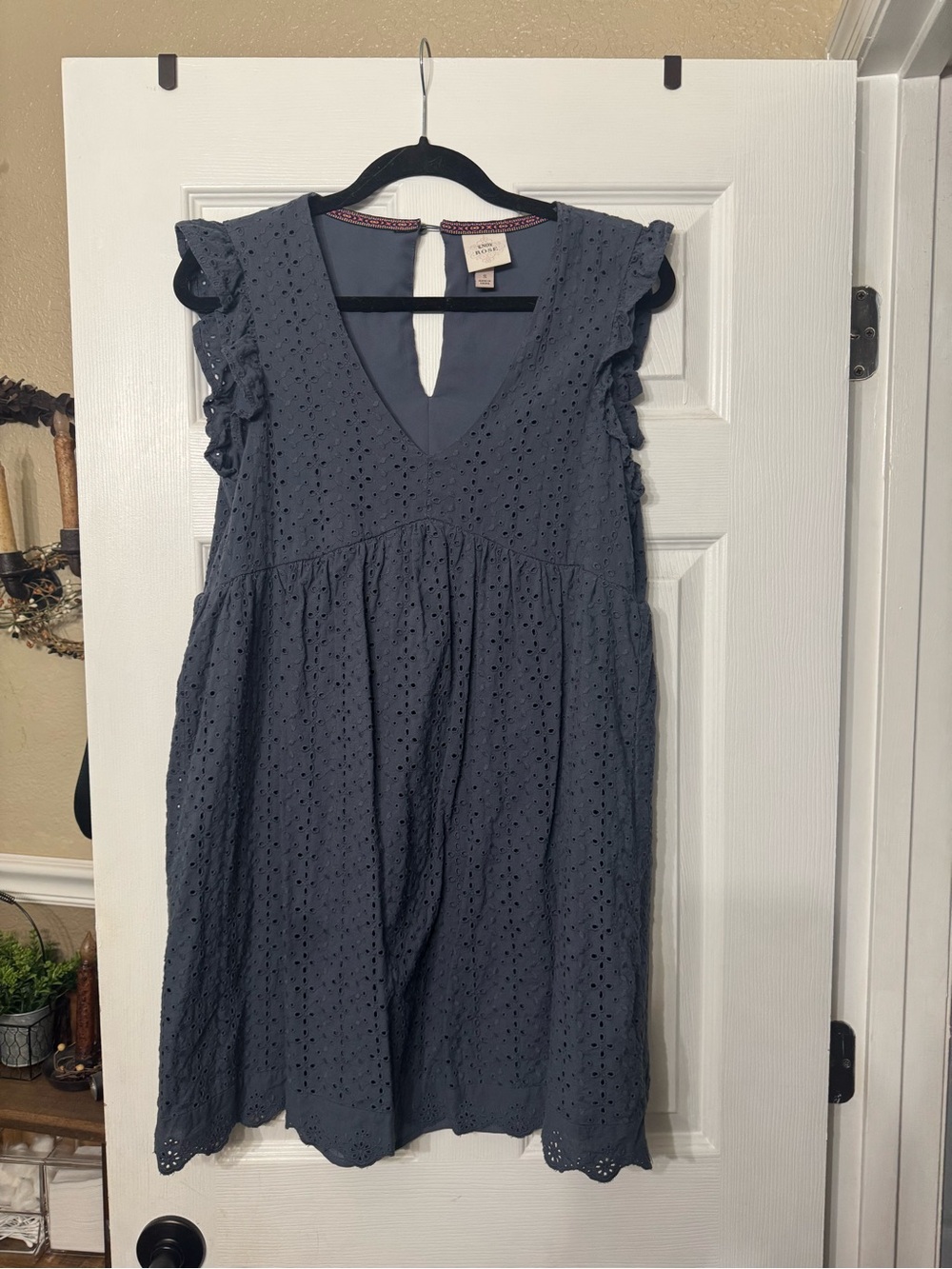 Knox Rose Slate Blue Eyelet V-Neck Casual Dress with Ruffle Sleeves